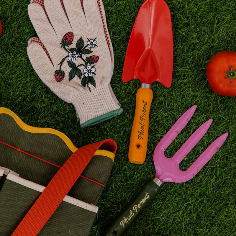 ban.do Hand Rake and Trowel Set, Plant Parent | Retro Inspired Colored Garden Tools with Plant Parent Quote Handle, Metal Tools with Beech Wood Handles