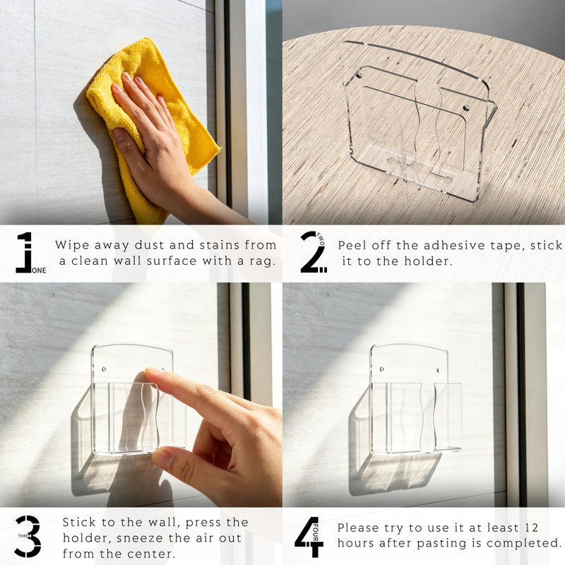 Clear Wall Mount Phone Holder with Charging Hole, Self-Adhesive Cell Phone Stand & Remote Control Organizer, Space-Saving Bedside Cradle Compatible with iPhone & Android, Clear
