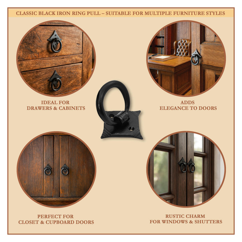2 Pack Mystic Colonial Cast Iron Ring Pull Handles – Blackened Hammered Finish – Antique Style for Cabinet, Drawer & Cupboard Hardware with Screw - Hammered 2, Colonial Colonial - 2" x 2" - Pair