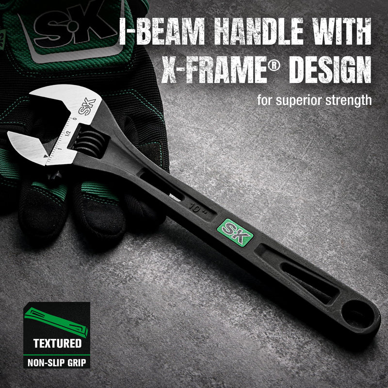 SK 10-Inch Adjustable Wrench, 2.6X ANSI Standard Strength, Heavy-Duty High-Torque, 1.31 '' Jaw Capacity, Cr-V Steel, Black Phosphate Finish, SAE & Metric Scale