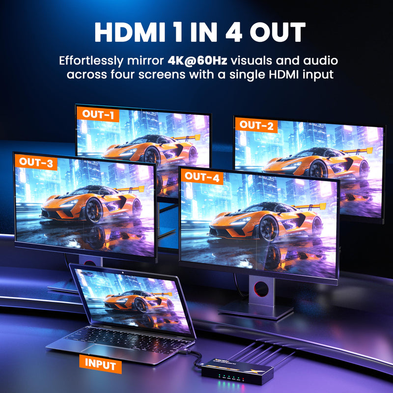 Uncompressed 4K HDMI Splitter 1 in 4 Out with EDID Management | Lossless 4K@60Hz UHD HDR HDMI 2.0 18Gbps , Zero Latency, HDCP 2.3, Plug and Play, for PS5, Fire Stick, HDTV...