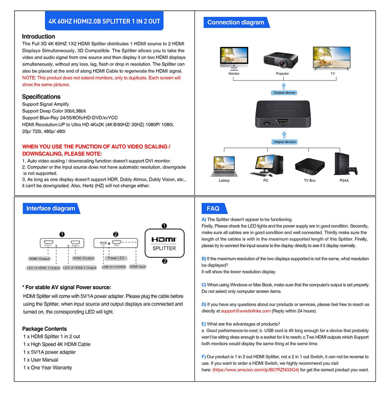 HDMI Splitter 4K@60Hz, avedio links HDMI Splitter 1 in 2 Out, HDMI Splitter for Dual Monitors Only Duplicate/Mirror Screens, Support HDMI2.0b, HDCP2.2, 18.5Gbps, Auto Scaling, Full HD 1080P 3D 1x2 4K@60Hz