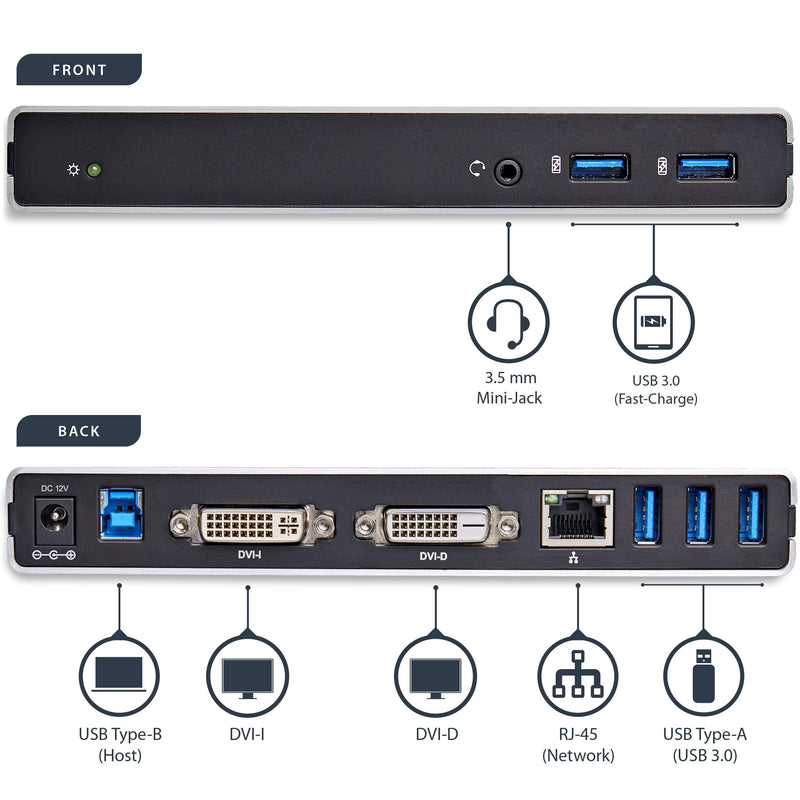 StarTech.com Dual Monitor USB 3.0 Docking Station w/ DVI to VGA & HDMI Adapters, 5x USB 3.0 & Audio - Vertical DVI Dock for Mac & Windows (USB3SDOCKDD)