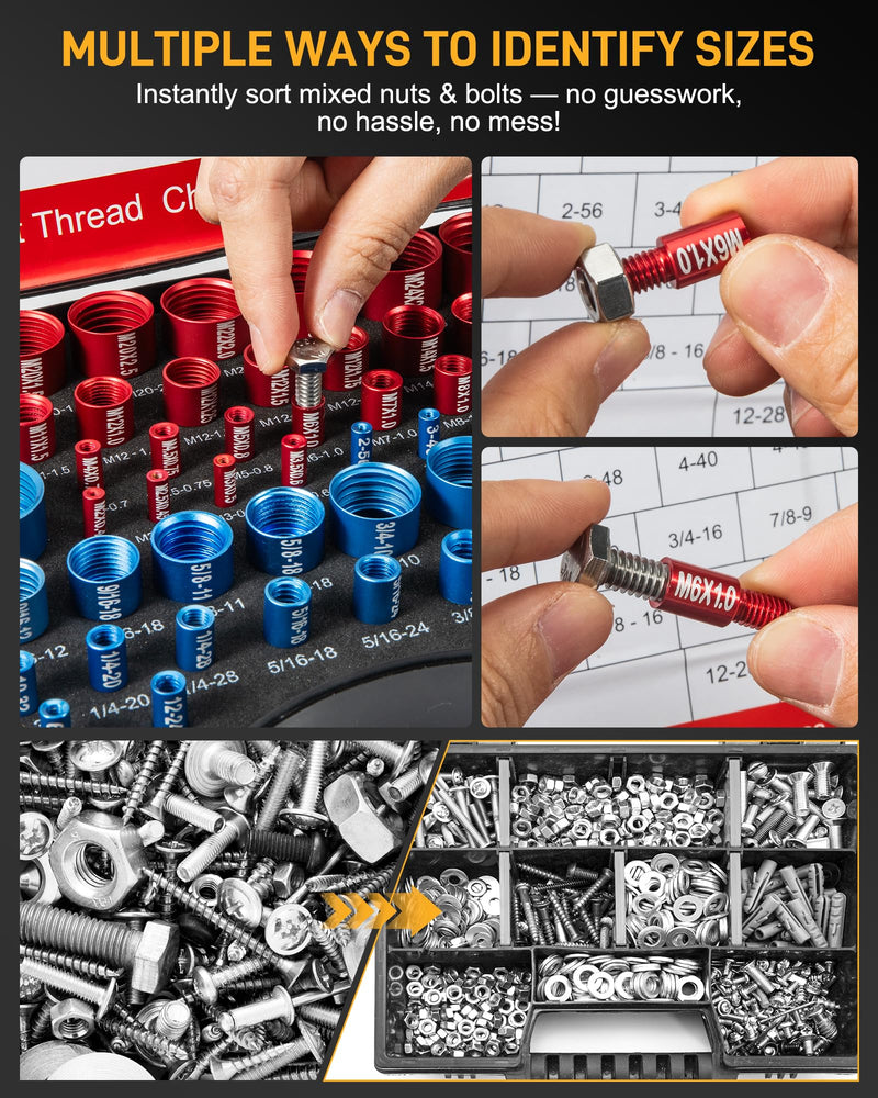 66-Piece Nut and Bolt Thread Checker Kit | 34 SAE (Blue) + 32 Metric (Red) Thread Gauges - Precision Bolt Size Finder for Tight Spaces, DIY & Professional Repairs 66