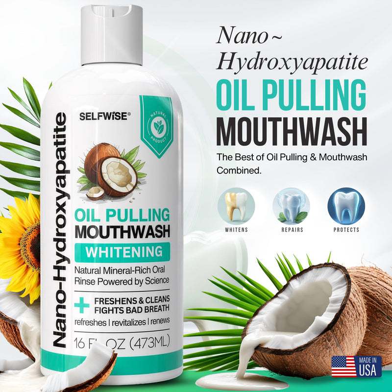 Nano-Hydroxyapatite Oil Pulling Whitening Mouthwash for Teeth and Gums, Natural & Organic, Whitens Teeth, Strengthens Enamel, Fights Bad Breath & Plaque – Smooth & Non-Greasy – for Adults - 16oz Coconut Mint 16 Ounce