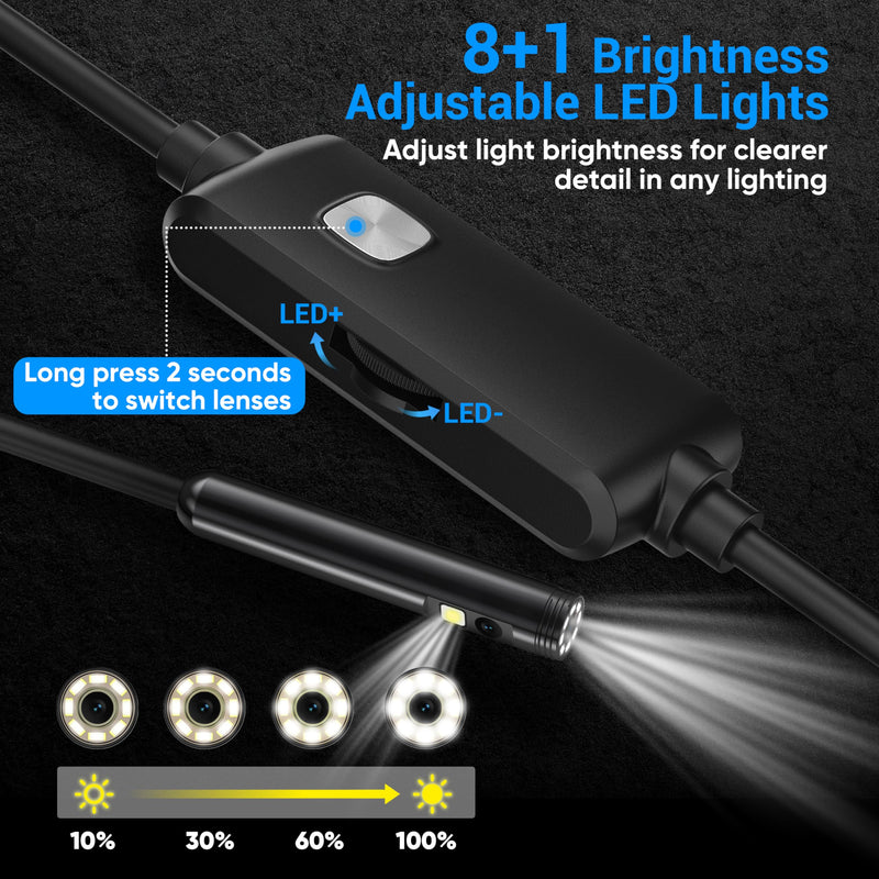 [Dual-Lens] Endoscope Camera with Light,1920P HD Borescope with 8+1 Adjustable LED Lights, IP67 Waterproof Endoscope with Semi-Rigid Snake Cable, Inspection Borescope for iOS and Android-16.4ft 16.4 ft