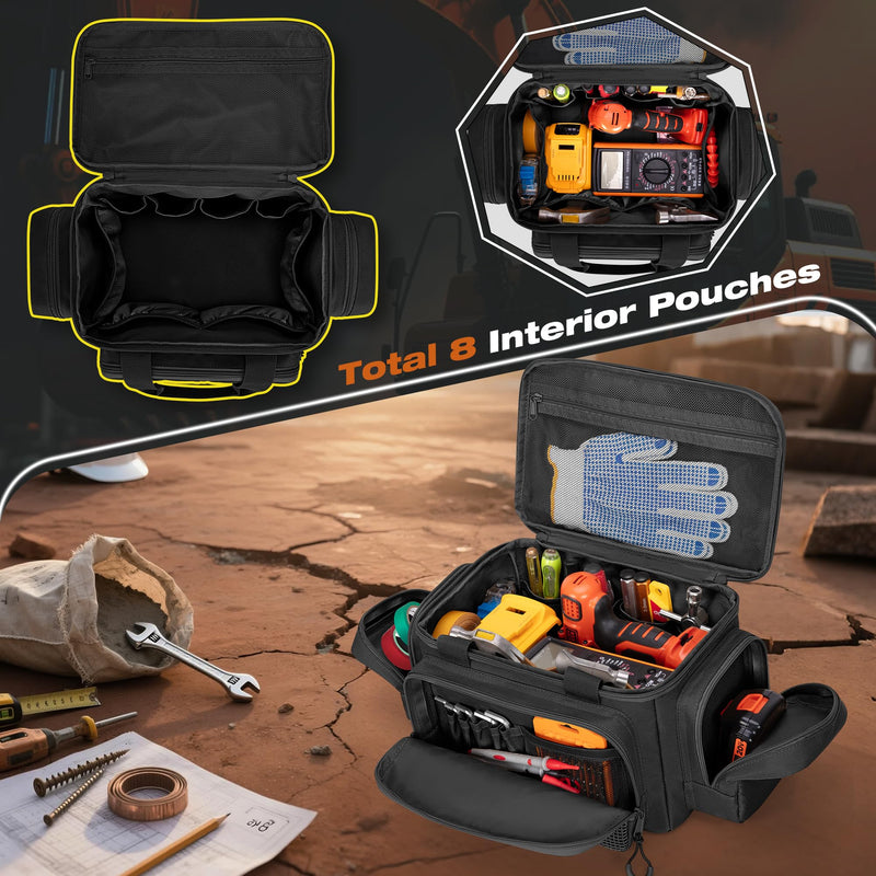Small Tool Bag with Anti-friction Bottom, Tactical 12" Tool Tote for Men, Hand Tool Storage Organizer for Electrician, Repairman and Carpenters, Black