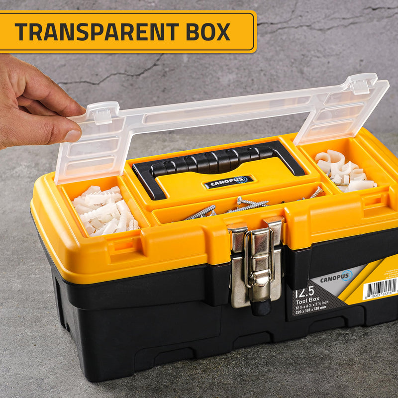 CANOPUS Plastic Toolbox, 12.5-inch Portable Tool Box with Metallic Clutch, Tool Organizer with Extra Storage Tray for Home Tools, Nails and Pins, Black-Yellow