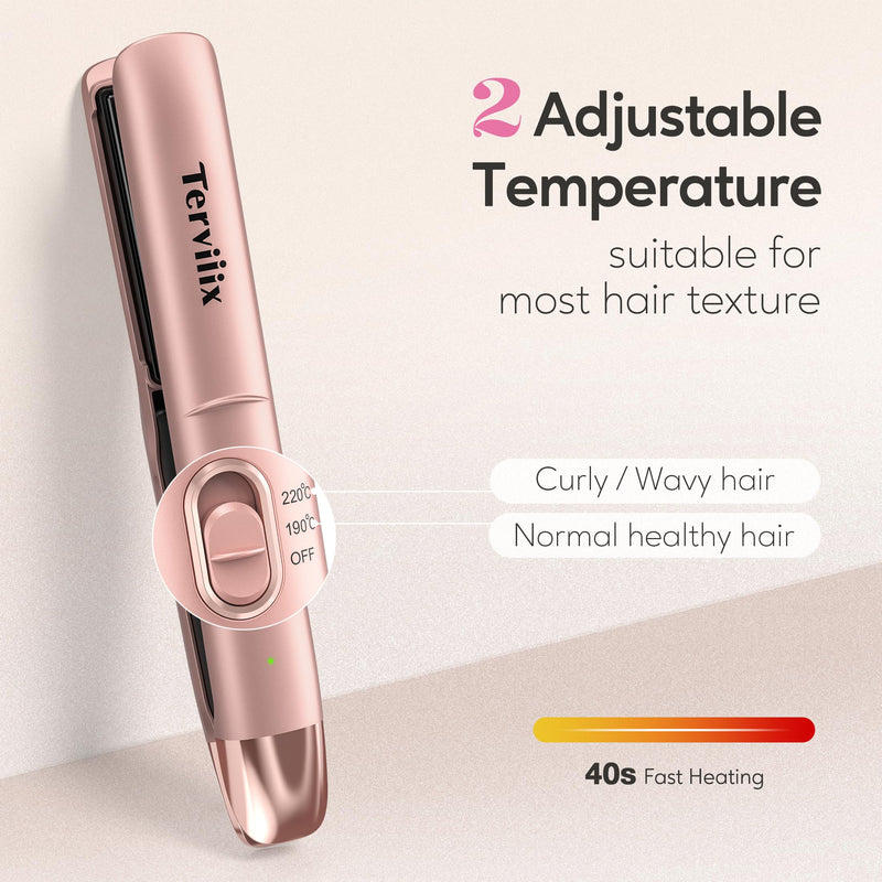 Terviiix Portable Cordless Hair Straighteners, Mini Flat Iron for Travel, 190°C-220°C, Rechargeable Mini Hair Straighteners & Curler 2 in 1 with Argan Oil Infused, 4500mAh Battery, 40s Fast Heat Up