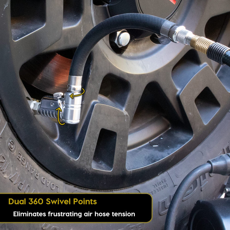 JACO Lightning L2X Quick-Connect Tire Inflator Air Chuck Extension (Locking Adapter) | Patented Lock-on Compressor Hose Attachment (Open Flow) 90 Degree Head