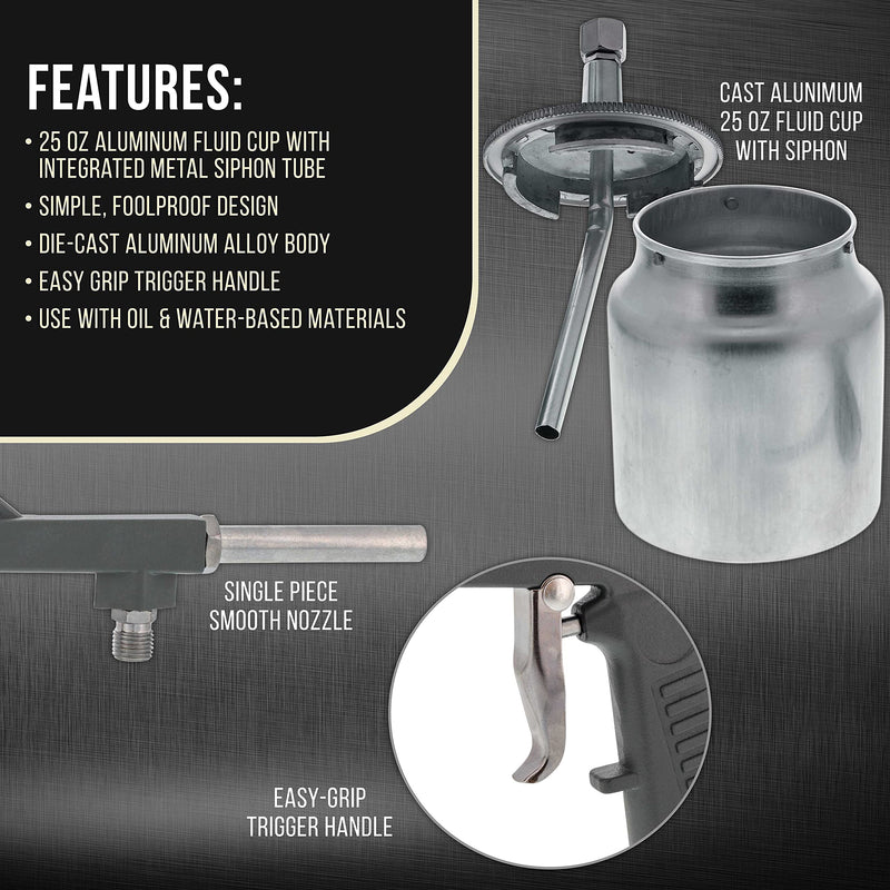 TCP Global Air Undercoating Spray Gun with Suction Feed Cup - Apply Sprayable Truck Bed Liner Coating, Rubberized Undercoat, Rust Proofing, Chip Guard Paint - Pneumatic Automotive Application Sprayer