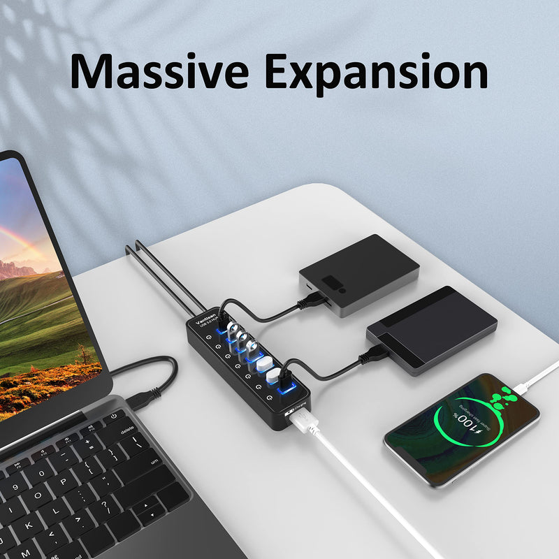 USB Hub 3.0 Powered, 7 Ports USB Data Hub Splitter with One Smart Charging Port and 5V/4A Powered Adapter and ON/Off Switches for MacBook, Mac Pro/Mini, iMac, Surface Pro Laptop/PC black