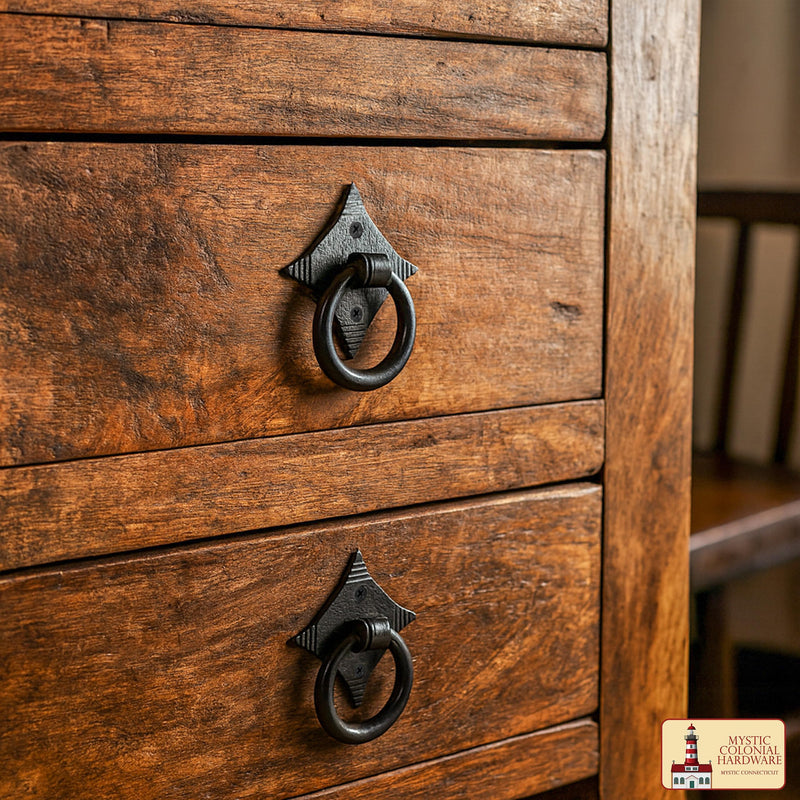 2 Pack Mystic Colonial Cast Iron Ring Pull Handles – Blackened Hammered Finish – Antique Style for Cabinet, Drawer & Cupboard Hardware with Screw - Hammered 2, Colonial Colonial - 2" x 2" - Pair