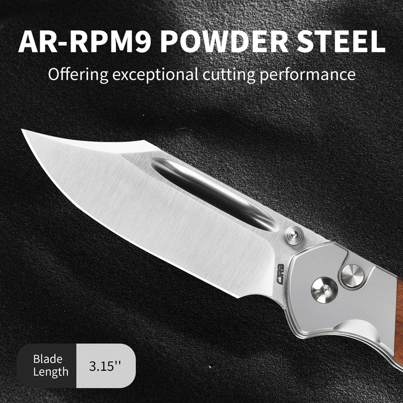 CJRB Bowie Pyrite Pocket Knife EDC Folding Knife with 3.15'' AR-RPM9 Steel Blade, Hunting Knife with Wood Handle for Camping, Survival - Suitable for Men & Women - J1942 Rosewood