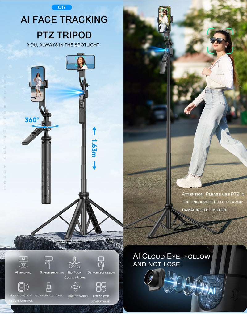 Auto Face Tracking Tripod with Light and Remote 64", No App | 360°Rotating Tripod Selfie Stick for Tiktok YouTube Vlog Live Streaming Video Recording, for iPhone/Cell Phone/Android/Camera