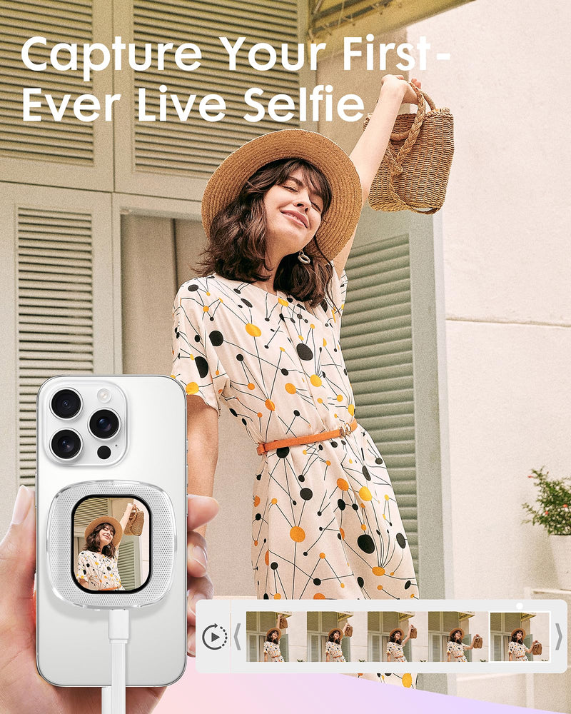 Yatao Mini Selfie Monitor Screen for iPhone, Plug & Play with Mirror | Magnetic Back Camera Monitor for TikTok & YouTube, Snap Selfie Vlog Photo & Video Kit, Battery-Free, White