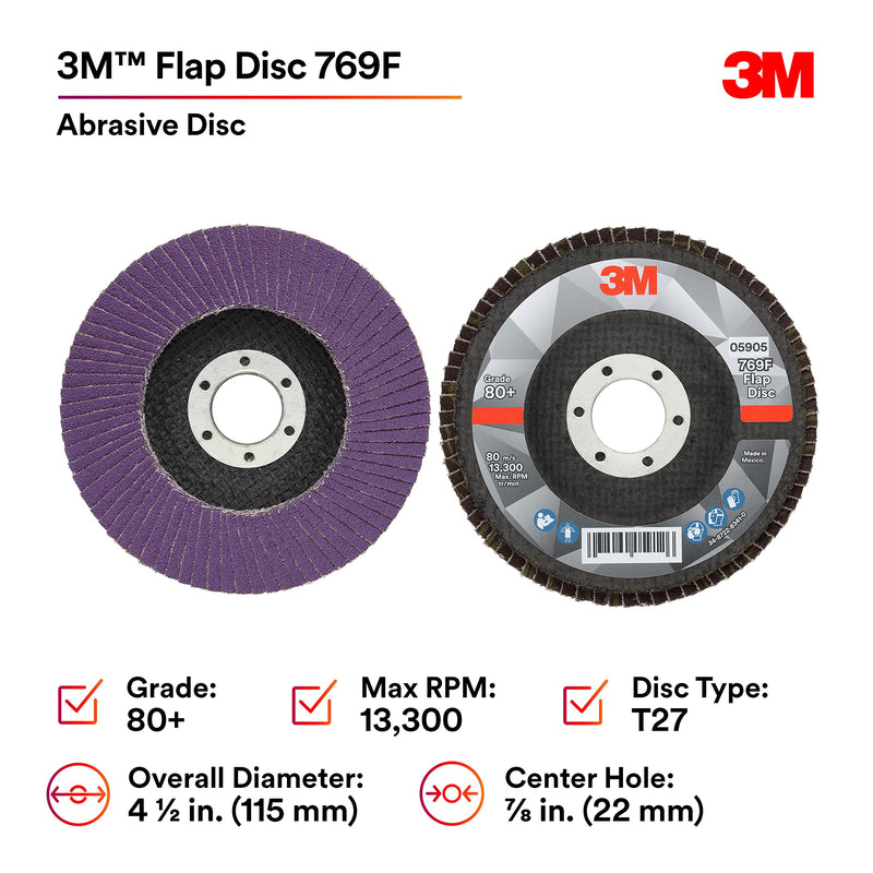 3M Flap Disc 769F, Type 27, 80+, 4-1/2 in x 7/8 in, High Performance Abrasive, Ceramic Precision-Shaped Grain Grinding and Finishing Disc, Carbon Steel, Stainless Steel 4.5 in x 7/8 in T27, 80+