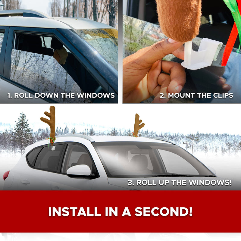 EcoNour Car Reindeer Antlers & Nose for Christmas | Car Decoration Kit with Reindeer Antler, Jingle Bells & Nose | Reindeer Horns Set Made of Sponge Stuffings | Rudolph Car Decoration for Christmas