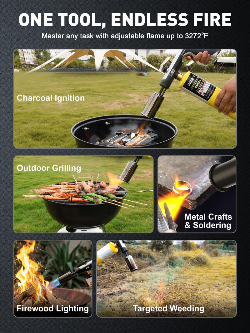 Propane Torch Gun, Adjustable Flame Thrower Gun, Max 3272℉ Propane Lighter | BBQ Grill Torch, Reliable Ignition & Adjustable Flame, Heavy Duty Blowtorch for Lighting Charcoal, Wood, Campfire