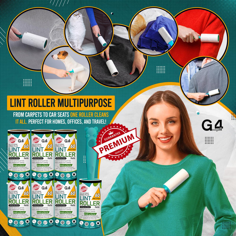 G4GADGET Lint Roller for Pet Hair – 7 Refills (420 Sheets) with 1 Handle – Extra Sticky Lint Remover for Clothes, Furniture, Carpet – Cat & Dog Hair, Dust & Fluff Cleaner