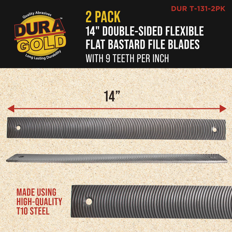 Dura-Gold 14" Flexible Flat Bastard File Blade, Double-Sided with 9 Teeth Per Inch, Pack of 2 - Mounting Holes for Adjustable Body File Holder, for Shaping, Smoothing and Filing Contoured Surfaces Blades
