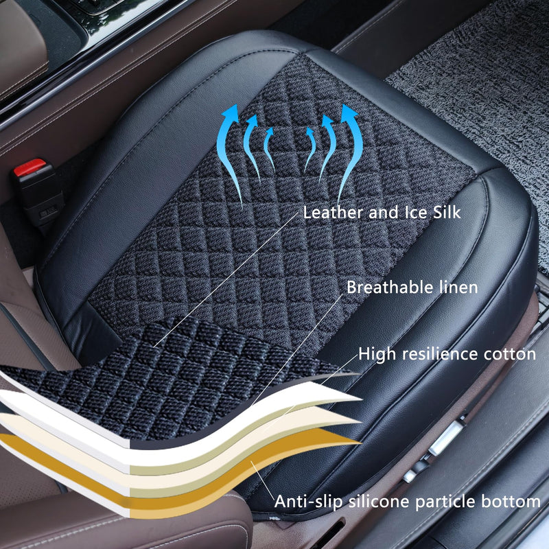 Leather Bottom Car Seat Covers,Front Seat Only Black Ice Silk Car Seat Cushion Pad Mat,Ventilated Breathable,Car Seat Protector for Leather Seats (1 Pack Black) AllBlack
