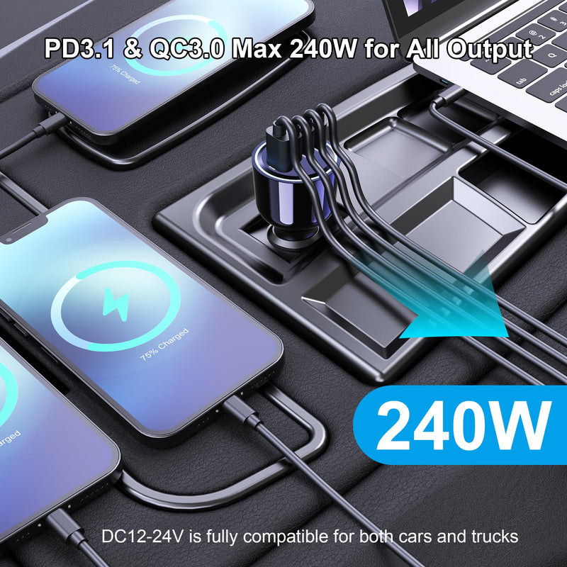 240W USB C Car Charger, Super Fast Charging 4-Ports PD3.1 140W/PD3.0 100W PPS 45W QC65W Type-C Car Adapter for MacBook Pro Laptop iPhone 16 15 Max iPad Samsung Galaxy S24/23 Pixel etc