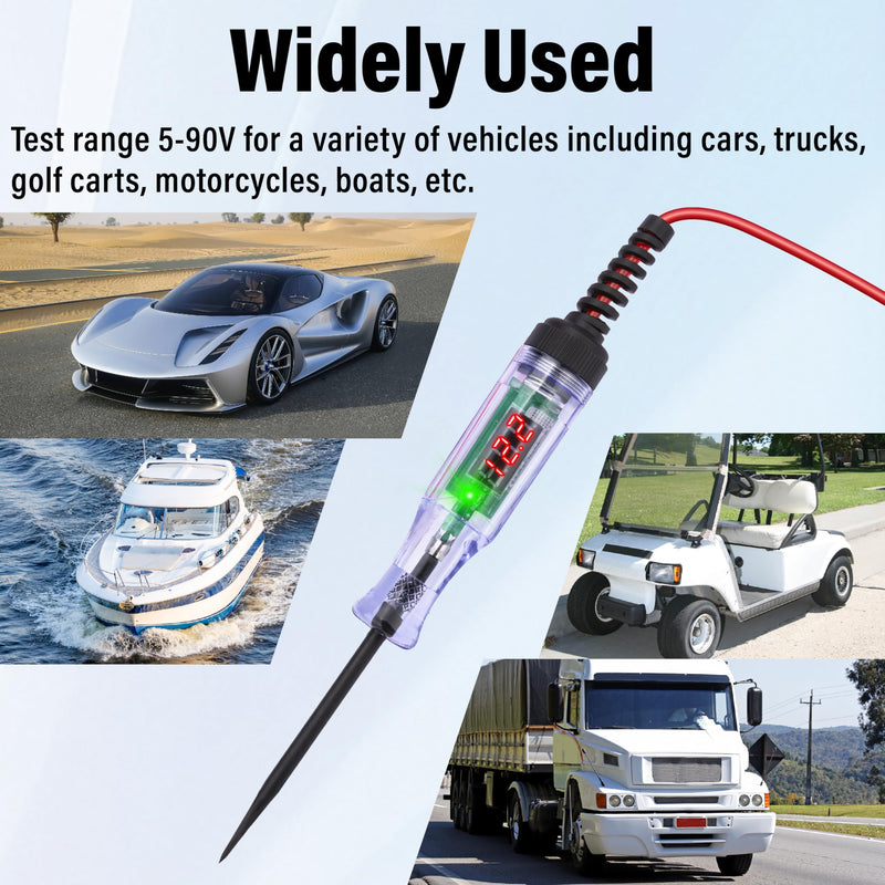 Test Light Automotive, 5-90V DC Test Light with Voltmeter, Bidirectional Car Fuse Tester with Voltage Display, Digital LED Circuit Tester with Extended Spring Wire & Probe for Car/RV/Vehicles