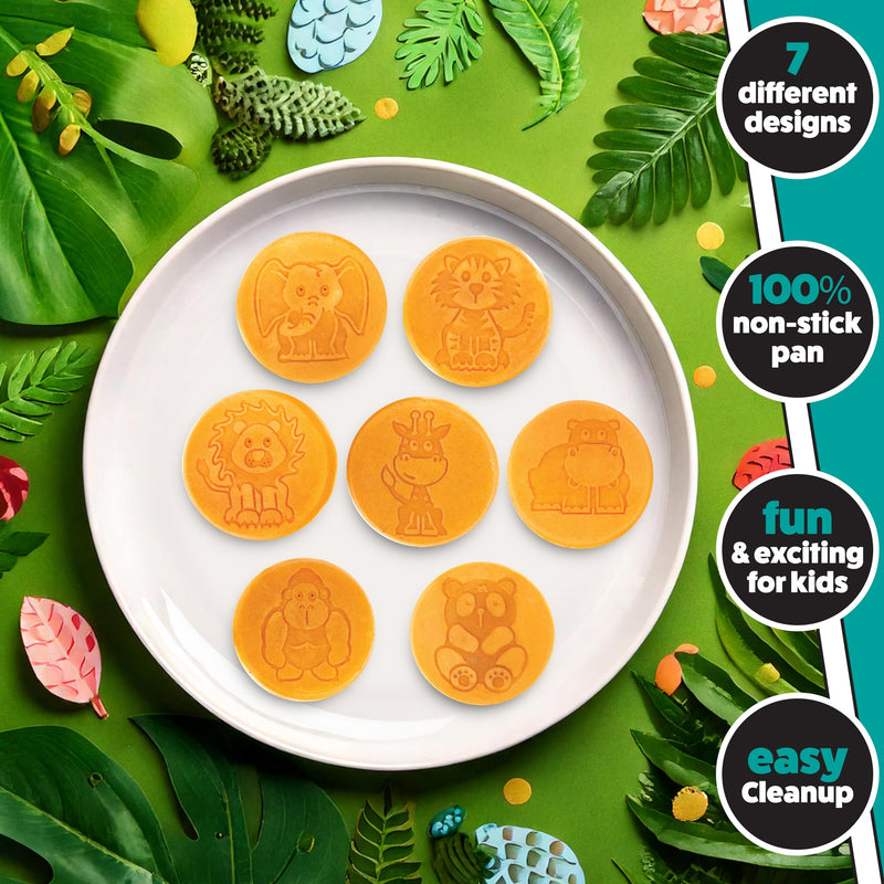 Animal Mini Pancake Pan- Make 7 Unique Flapjack Zoo Breakfast Friends | Includes Elephant, Giraffe, Lion, Tiger, Panda Gorilla & Hippo- Nonstick Pan Cake Maker Griddle for Morning Fun, Easy Cleanup
