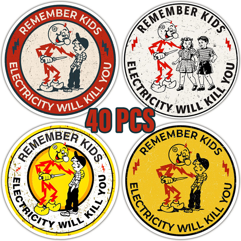 40 PCS Reddy Kilowatt Sticker - Remember Kids Electricity Will Kill You, Electrician Warning Caution Danger Electrical Safety, Funny Hard Hat Laptop Car Helmet