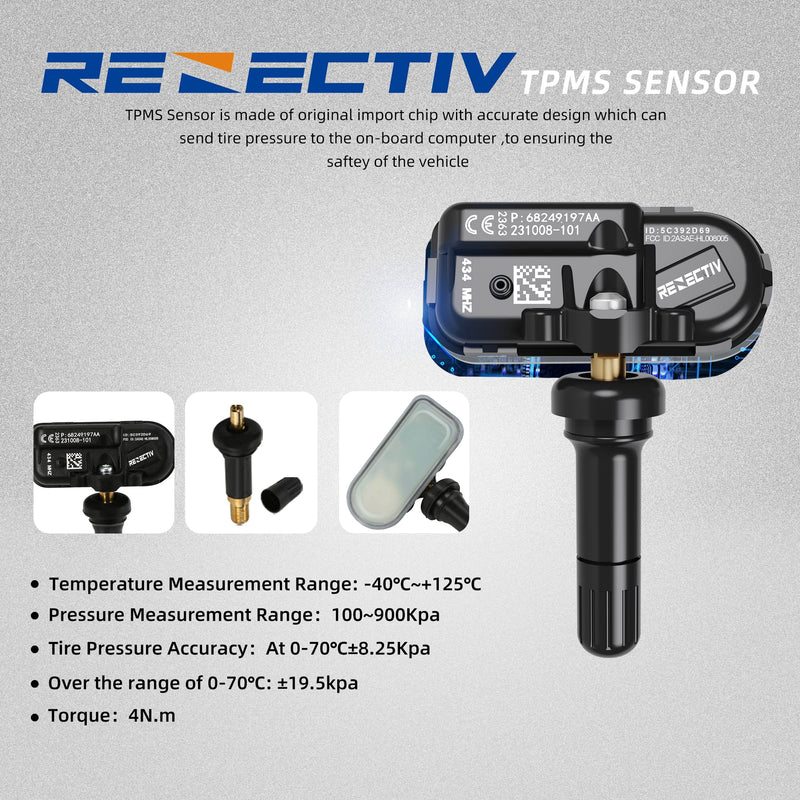 TPMS Sensor 4Pack, 434Mhz Tire Pressure Monitor Sensors Compatible with2014-2022 RAM 1500 2500 3500 4500 5500 Jeep Chreokee Replace OE#68249197AA 68239720AA 68157568AA four pieces sensors