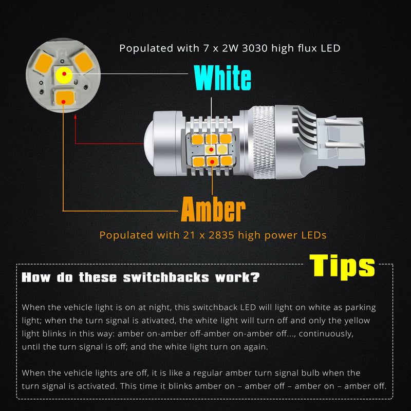 Alla Lighting T25 3457 3157 Switchback LED Turn Signal Lights Dual Color 6000K White/Amber Yellow 12V 4157NAK 3457AK 4057 3057 3757AK 5702AK 4157AK Extremely Super Bright 2835 28-SMD Upgrade T25/3157/3457