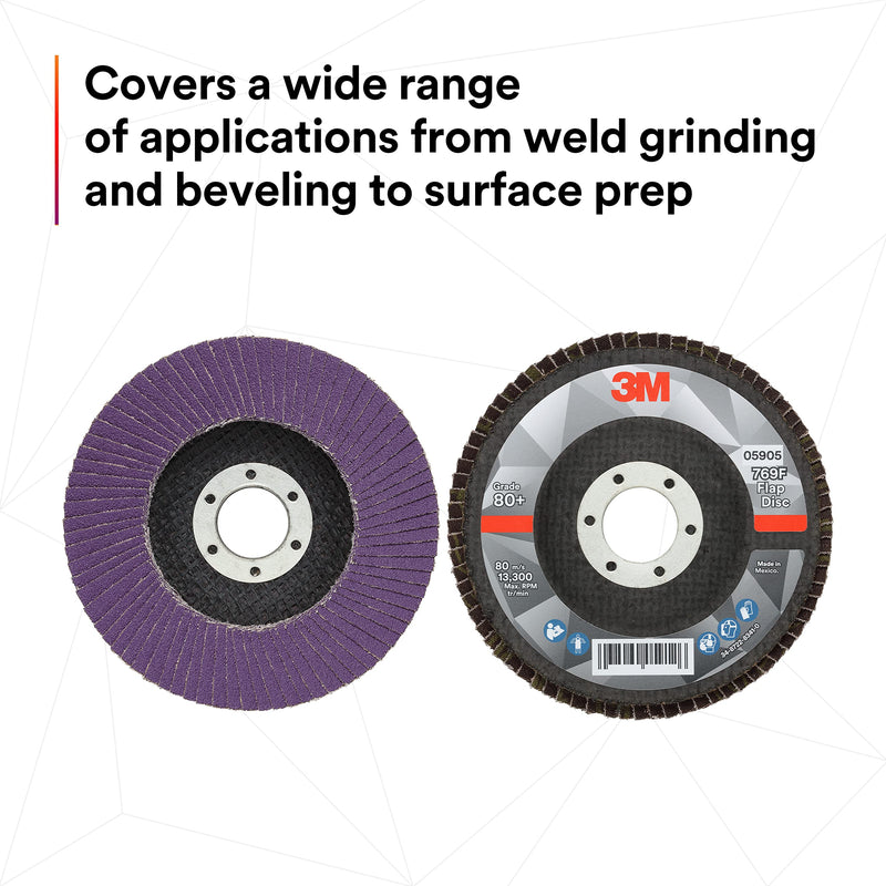 3M Flap Disc 769F, Type 27, 80+, 4-1/2 in x 7/8 in, High Performance Abrasive, Ceramic Precision-Shaped Grain Grinding and Finishing Disc, Carbon Steel, Stainless Steel 4.5 in x 7/8 in T27, 80+