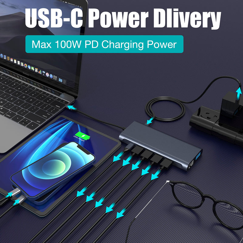USB C Docking Station Hub (13 -in-1) with 2 X 4K HDMI, Ethernet, VGA,Audio, USB3.0 TF/SD Dongle Docking Station Compatible for MacBook iPad Pro Dell Hp Lenovo