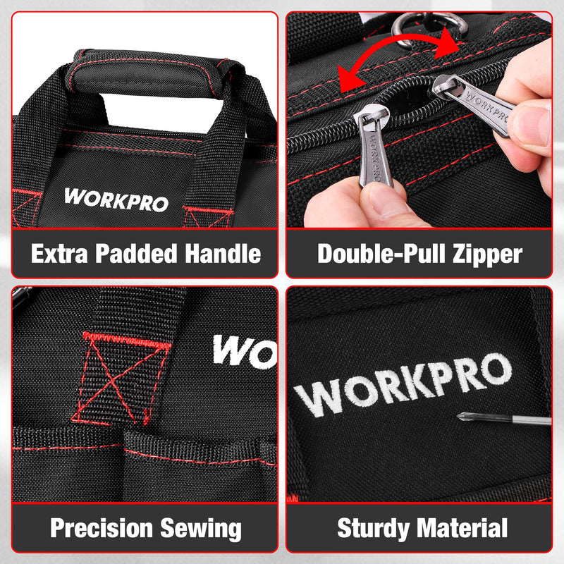 WORKPRO 14-inch Tool Bag, Multi-pocket Tool Organizer with Adjustable Shoulder Strap, W081021A , black Storage Tool Bag 14 inches