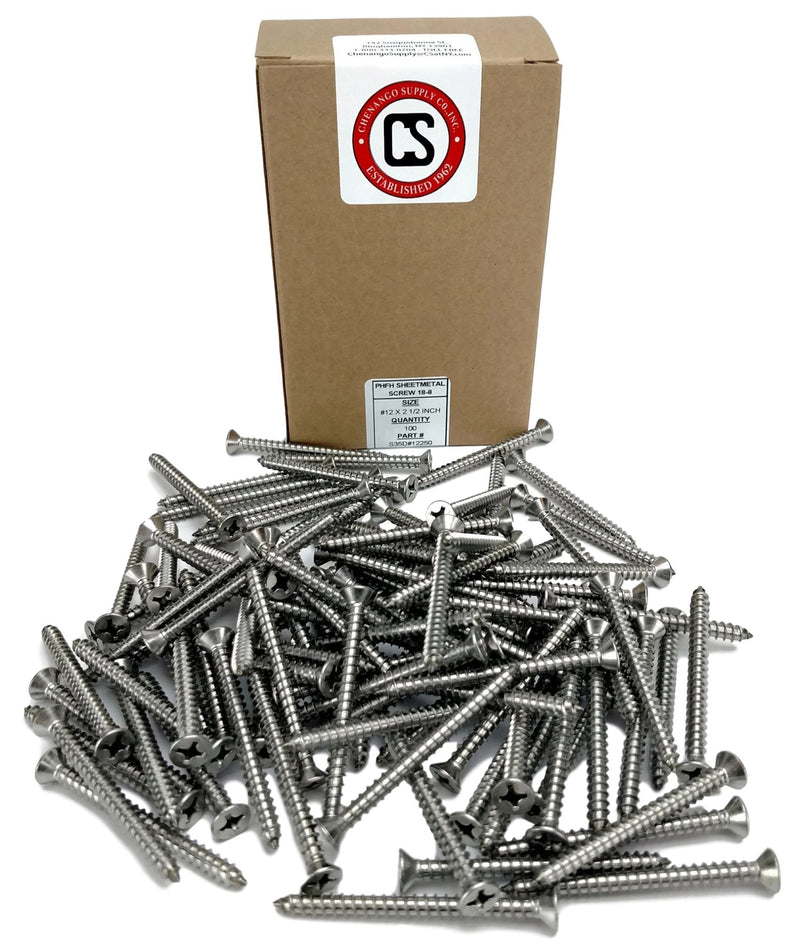 #12 X 2-1/2" Stainless Phillips Flat Head Sheetmetal Screw (1/2" to 3" in Listing) 100 Sheet Metal Screws, 82 Degrees (#12 x 2-1/2") #12 x 2-1/2"