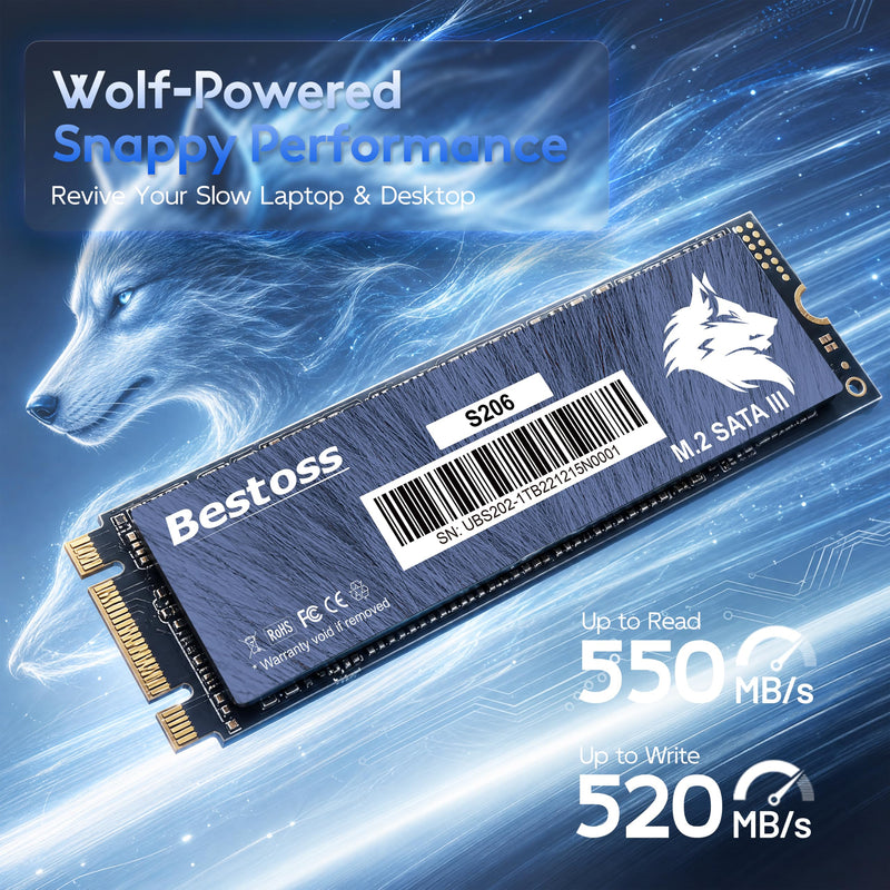 Bestoss M.2 SATA III 6Gb/s NGFF 128GB SSD 3D NAND Solid State Drive | M2 2280, Dynamic SLC Cache, Read Speed up to 550MB/s, Compatible with Laptop and PC Desktop S206