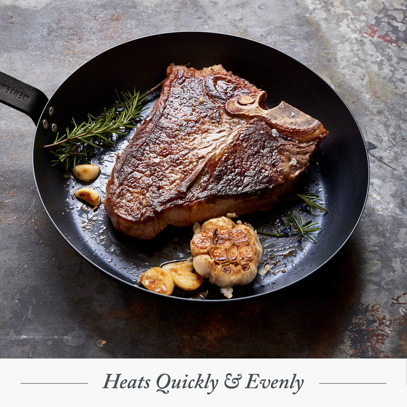 Merten & Storck Pre-Seasoned Carbon Steel 8” Frying Pan Skillet, Use on Induction, Stove and Grill, Durable, Even-Heating, for Searing, Grilling, Oven Use, and Campfire, Indoor/Outdoor 8" Frying Pan Skillet Black