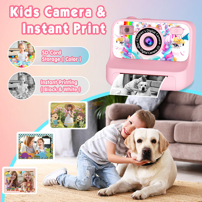Kids Camera, Upgrade Kids Camera Instant Print, Front Rear Dual Selfie Digital CAM with 1080P Videos, Portable Travel Toy with Games and Music, Christmas Birthday Gift for Boys, Girls and Teens Pink