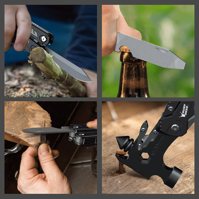 Rush Deer Camping Essentials Multitool,16 in 1 Multi Tool Survival Gear with Hammer, Pliers, Knife, Screwdrivers, Bottle Opener & Car Safety Hammer, for Camping, Hiking, Gift for Dad Him Upgraded Version