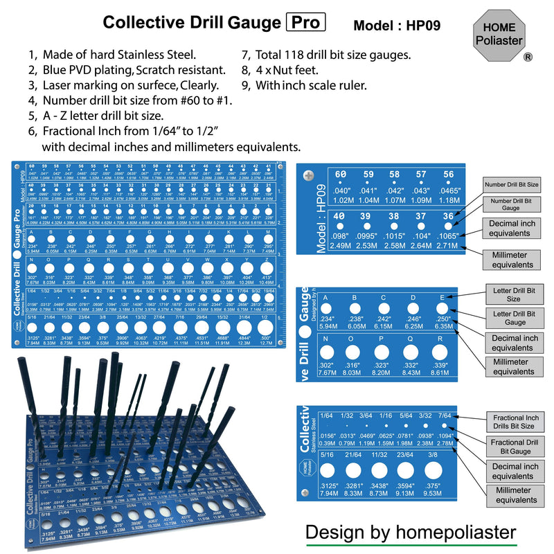 Collective Drill Bit Gauge|118 Hole Drill Gauge Accuracy 0.0008''(0.02mm) | 3-in-1 Stainless Steel Inch Drill Gauge