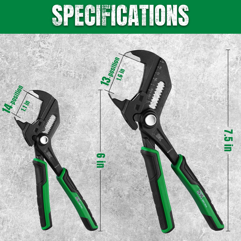 SK 2-Piece Pliers Wrench Set, Adjustable Parallel Smooth Jaw Pliers, 6-Inch, 7.5-Inch, Premium CR-V Construction, with Pocket Tool Pouch 6-Inch, 7.5-Inch Set