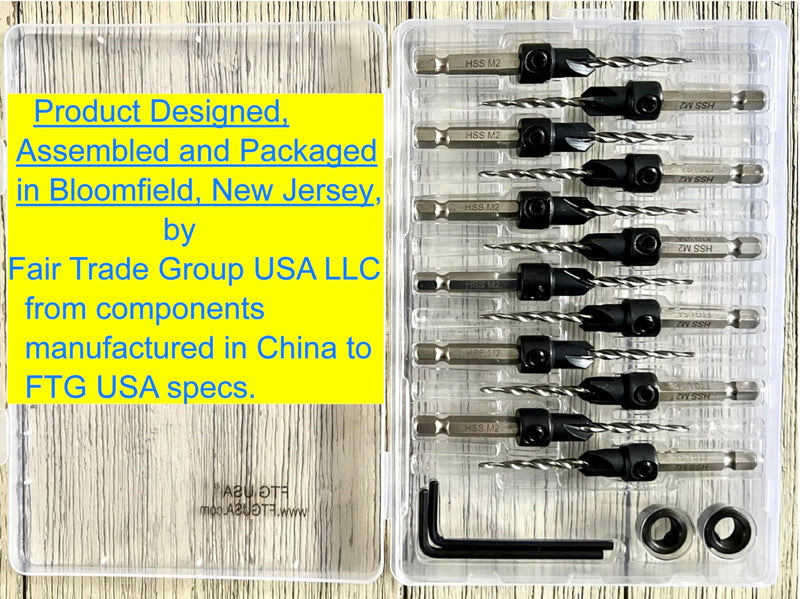 FTG USA 12 Pc #6 (9/64") Adjustable Wood Countersink Drill Bit Set Case | 12pc counter sink drill bit for wood, all same size; parabolic flute, 2 depth stop collar, hex key, storage container 12 Pc Same Size