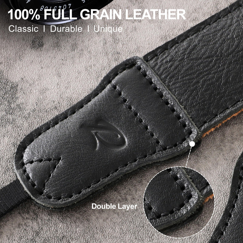 Padwa Lifestyle Black Leather Camera Strap - 1.5" Soft Full Grain Cowhide Camera Straps for Photographers, Soft Suede Fabric Padded Leather Strap with Quick Release fits All Cameras 1.5 inch Wide / Adjustable 38~52 inch