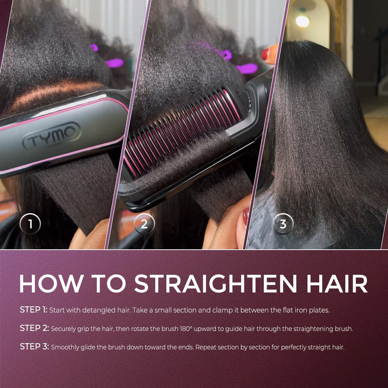 TYMO FLIPRO 2-in-1 Hair Straightener Brush & Flat Iron with 200M Negative Ions, Dual Voltage Anti-Scald Hot Comb, Frizz-Free Smooth & Shiny Hair, Less Heat Damage, Multi-Purpose Styler, Black
