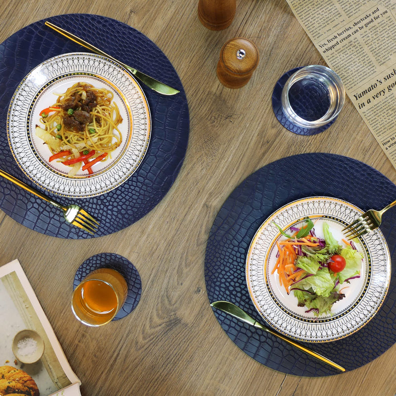 Round Leather Placemats for Round Tables Set of 6, Blue Table Place Mats and Coasters, Washable Easy to Care for Indoor Decor 13" Diameter H Blue