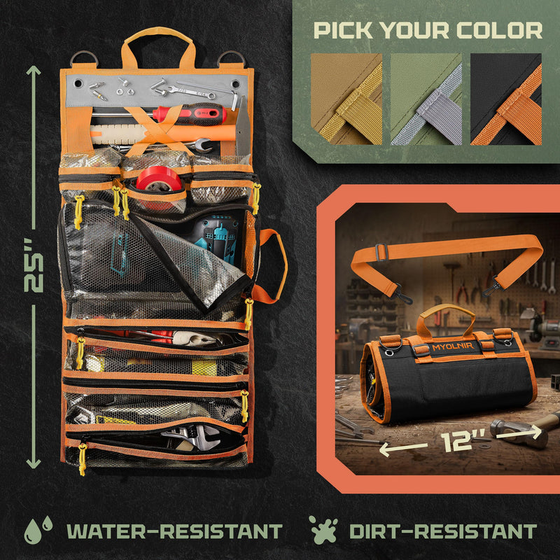 Roll Up Tool Bag Organizer With Kickstand - Full-Size 25" Heavy Duty Tool Roll Bag - Portable Rollup Toolbag With Magnetic Panels & Transparent Pockets - Mechanic, Electrician & Tradesperson Orange Black