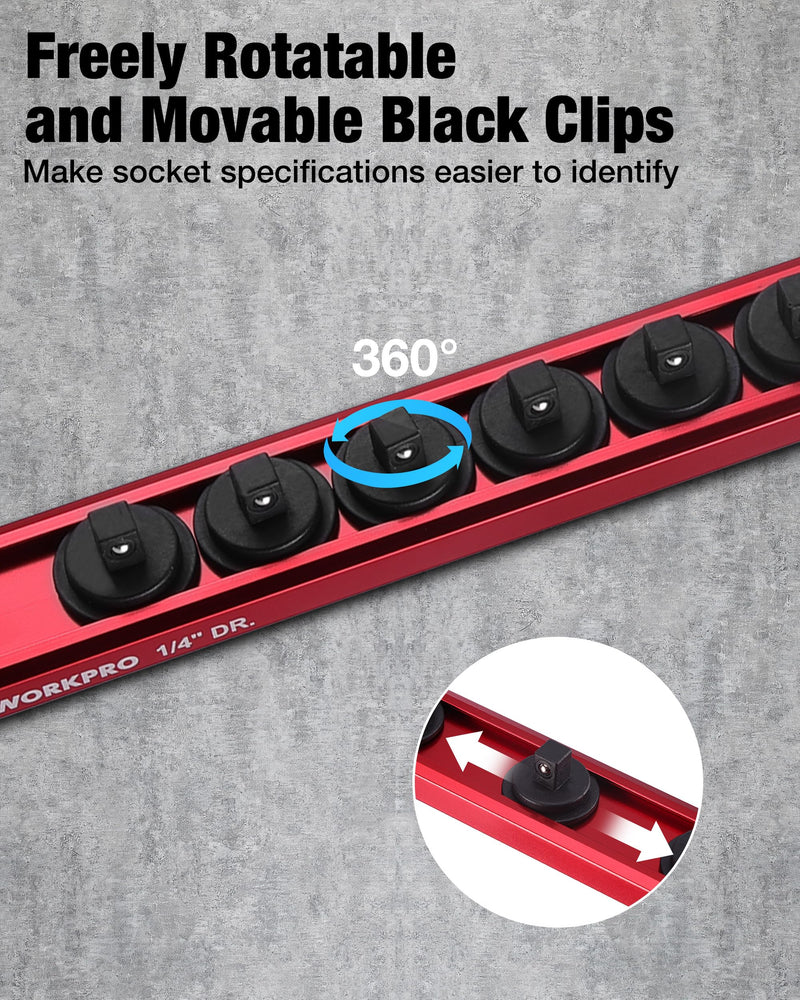 WORKPRO Magnetic Socket Organizer Set, 1/2" 3/8" 1/4" Drive Aluminum Alloy Socket Holder with Removable Socket Clips for Quick Customization, 6PC Socket Rail for Tool Box Drawer (Sockets Excluded) 6 Pieces-1/4", 3/8" & 1/2" DR Red & Blue