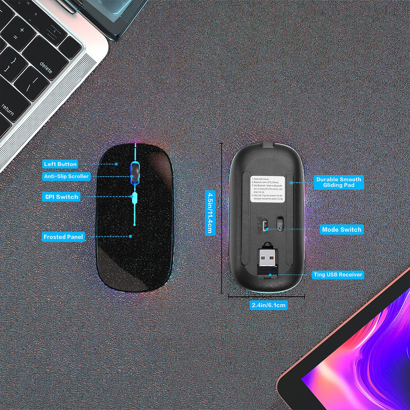 Wireless Bluetooth Mouse,LED Rechargeable Laptop Mouse.Portable Computer Mice use(BT5.2 and USB 2.4G) Dual Mode Connection,Silent,Slim,for Apple Laptop/ipad Tablet/Mac/PC. (Pearl Black) Pearl Black