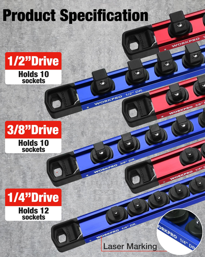 WORKPRO Magnetic Socket Organizer Set, 1/2" 3/8" 1/4" Drive Aluminum Alloy Socket Holder with Removable Socket Clips for Quick Customization, 6PC Socket Rail for Tool Box Drawer (Sockets Excluded) 6 Pieces-1/4", 3/8" & 1/2" DR Red & Blue